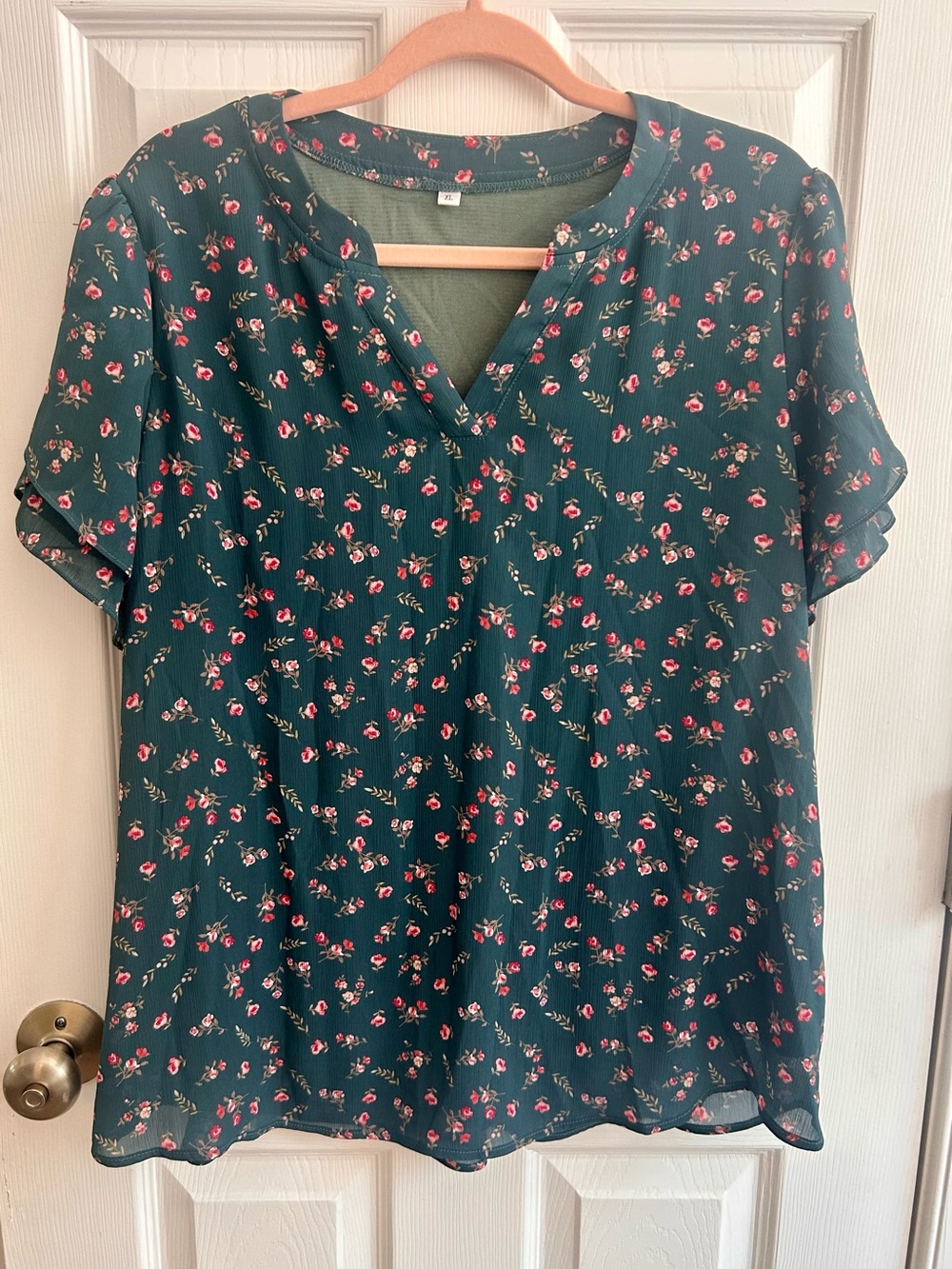 Floral V-Neck Short Sleeve Blouse - Green with Pink Floral